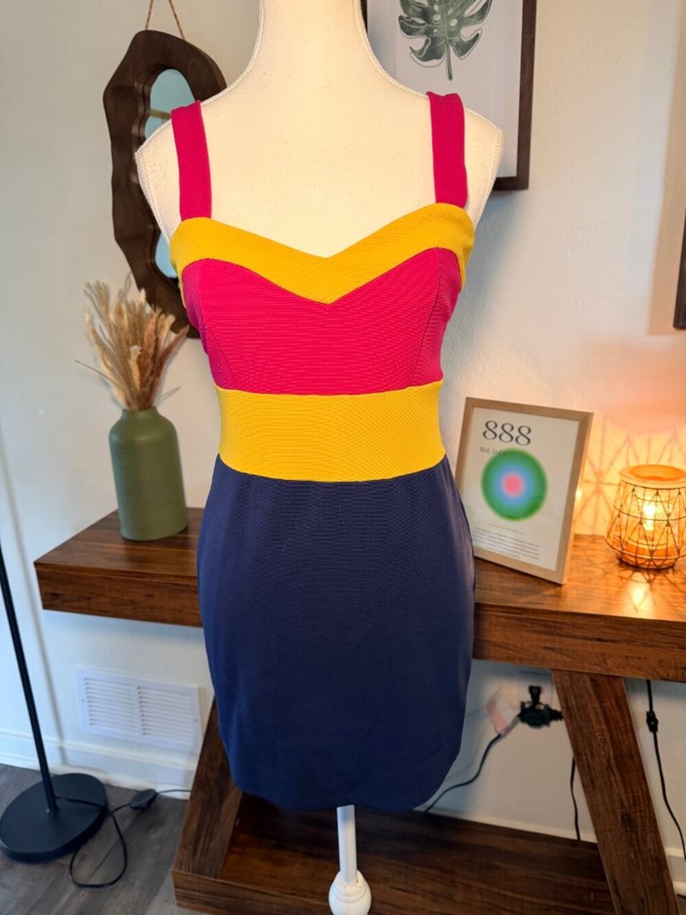 Colorblock Bodycon Mini Dress Sweetheart Neck Pink Yellow Blue XXI